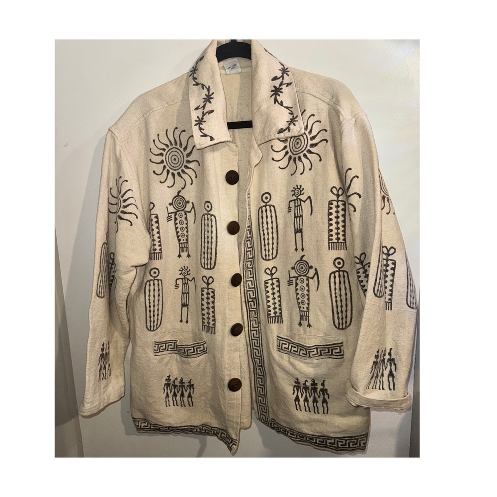 Venus Imports Cotton Tribal Print Chore Jacket Cream Black Sun Nepal Boho Hippie